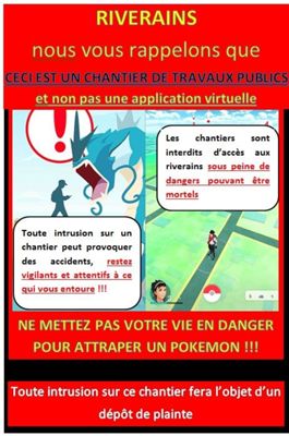 Affiche de la FNTP pour prévenir des dangers de Pokémon Go